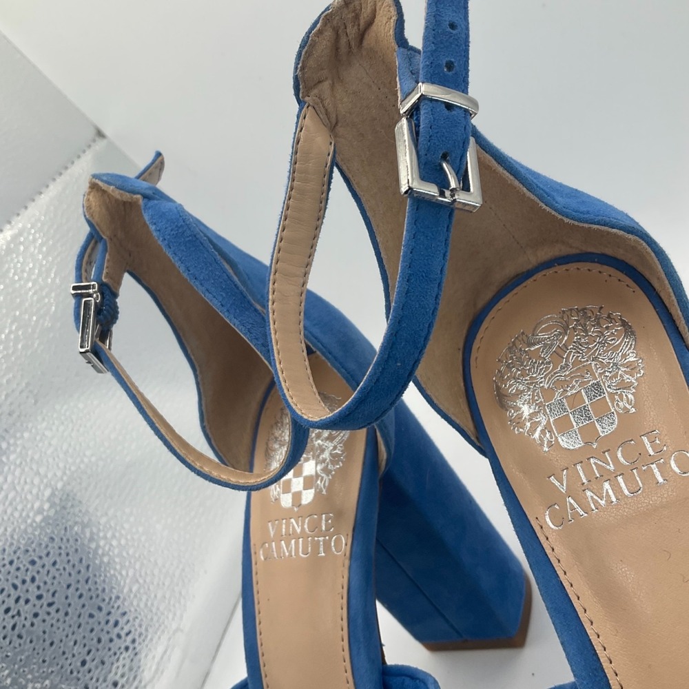 Vince Camuto Corlesta Blue Suede Knotted Dress Sandals Ankle Strap Heels 6.5 New - Picture 3 of 14